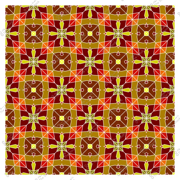 نمط هندسي متماثل بألوان بنية وخضراء وحمراء وبرتقالية على خلفية بيضاء.