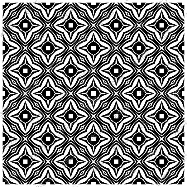 نمط متكرر بالأبيض والأسود بأشكال هندسية تشبه النجوم المربعة والزوايا الحادة.