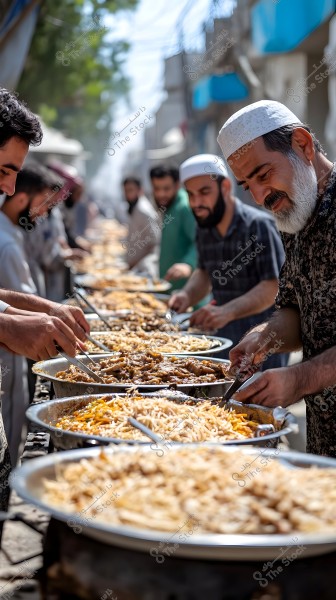A group of men standing in line to serve food from large dishes placed on tables in the street. They are dressed in traditional clothing, with one wearing a white cap. The weather is sunny, and there are trees and buildings in the background.