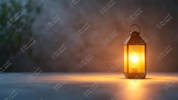 A gently lit lantern in a dark room illuminates a smooth surface. The background of the image is a dimly lit wall with slight green coloring on the left side, adding a natural touch.