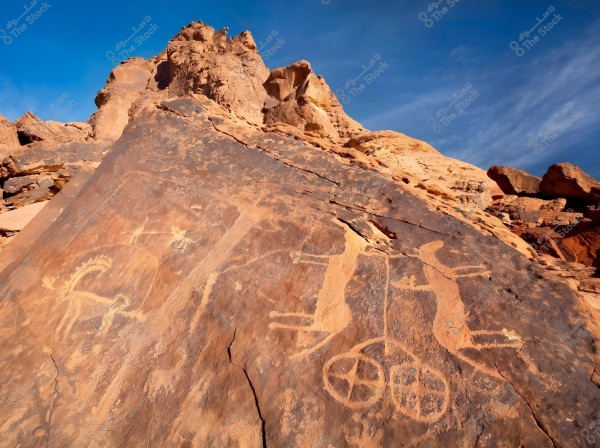 A rock carving in a natural landscape featuring ancient drawings of animals and geometric shapes on a large slanted rock, surrounded by rocky, mountainous terrain under a clear blue sky.