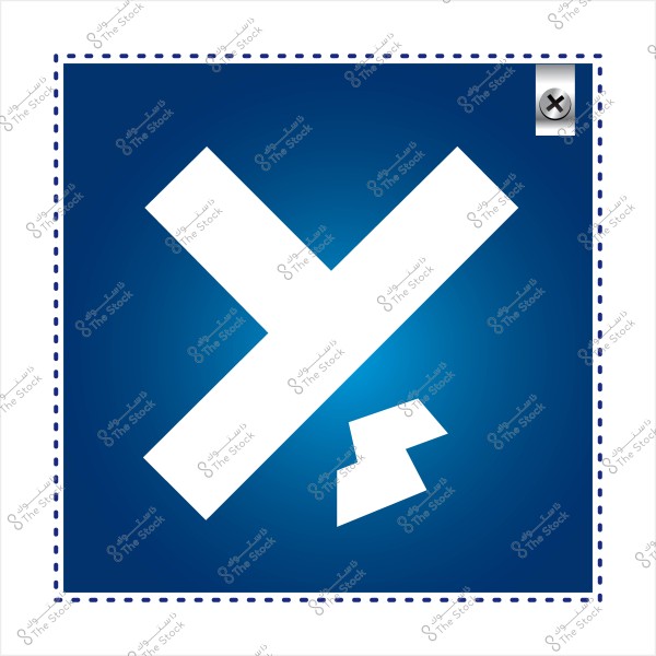 Image showing a geometric design on a blue background, featuring a white shape resembling the letter \"x\" with an additional small square. The image is bordered by a dotted line, with a button in the upper right corner displaying a small \"x\" inside a circle.