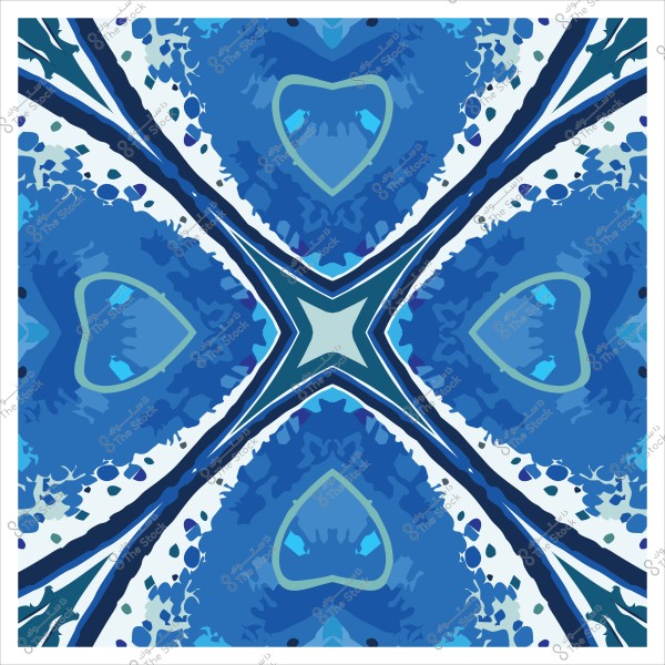 نمط أزرق مجرد بأشكال قلب ونجم مركزية بألوان متنوعة من الأزرق.