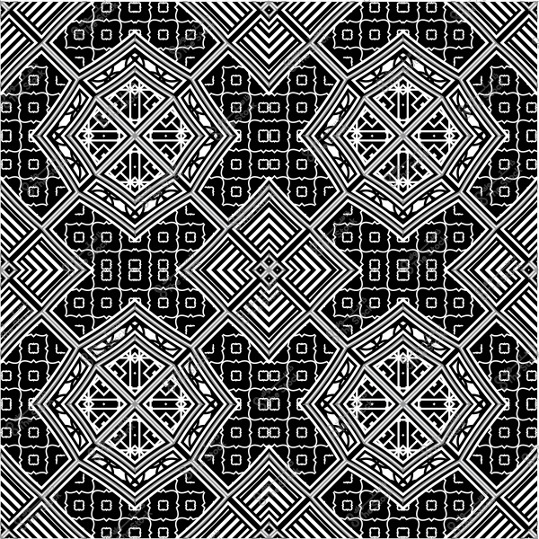 Black and white geometric pattern with square and intersecting shapes and intricate details.