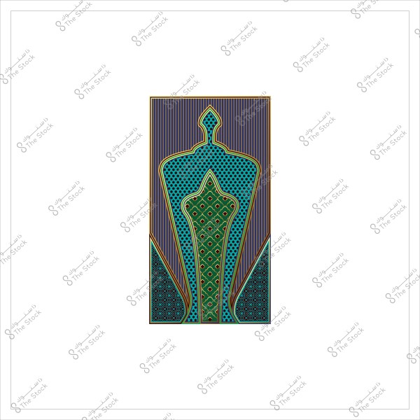 تصميم هندسي يحتوي على شكل شبه إنساني باللون الأخضر والزخارف الذهبية على خلفية مخططة بألوان زرقاء.