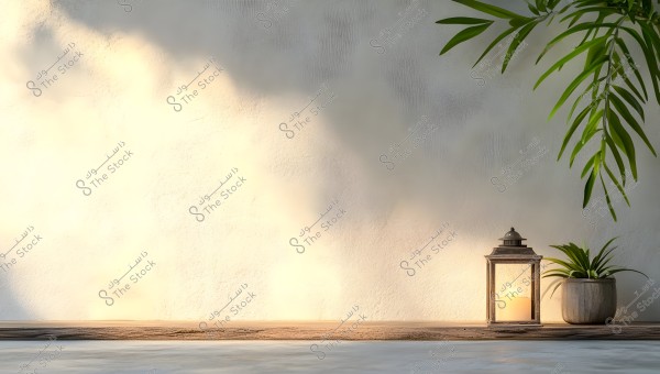 An image showing a metal lantern with a small lit candle on a wooden shelf. Next to the lantern is a small wooden pot with a green plant. In the top right corner of the image, there are some hanging green branches. The wall in the background is softly lit, creating a warm and cozy ambiance.