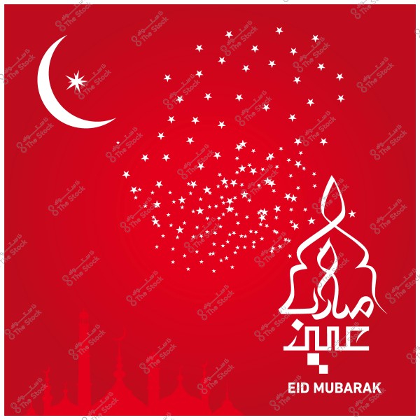 تصميم بطاقات تهنئة حمراء مكتوب عليها \"عيد مبارك\" باللغتين العربية والإنجليزية, مع هلال ونجوم ومسجد في الخلفية.