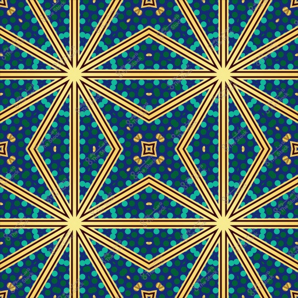 نمط هندسي بألوان زرقاء وخضراء مع خطوط ذهبية تشكل أشكال نجوم وأشكال هندسية مختلفة.