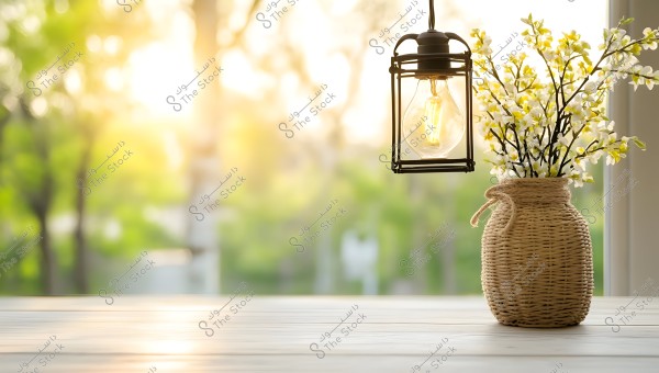 Image of a flower in a wicker vase placed on a wooden table, with a hanging lamp containing a lit bulb beside it. The background shows sunlight streaming through the trees, creating a warm and beautiful atmosphere.