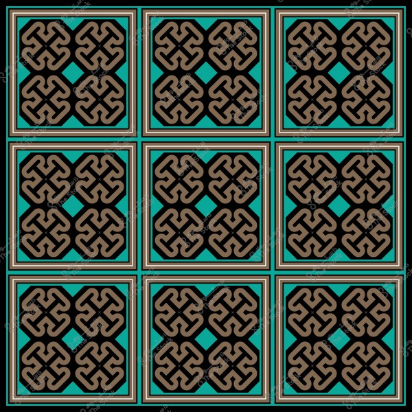 The image features a decorative pattern with repeated geometric shapes in black and brown with a blue background.