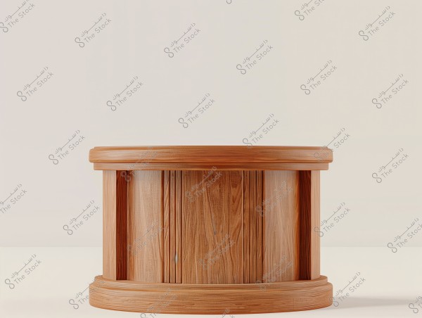 An image depicting a round wooden barrel placed on a white surface. The barrel is made of wooden planks with a natural texture and grain, featuring a warm brown color that complements the light background.