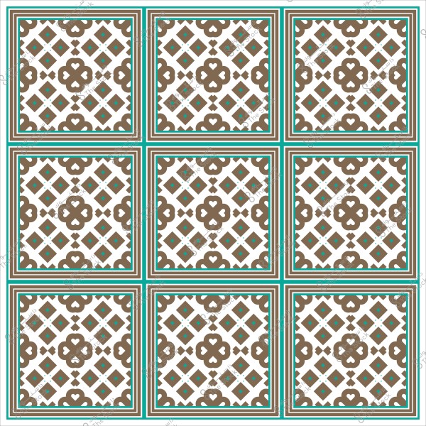 نمط فسيفساء هندسي بألوان بُنية وتفاصيل زرقاء في مربعات محاطة بإطارات مزدوجة.