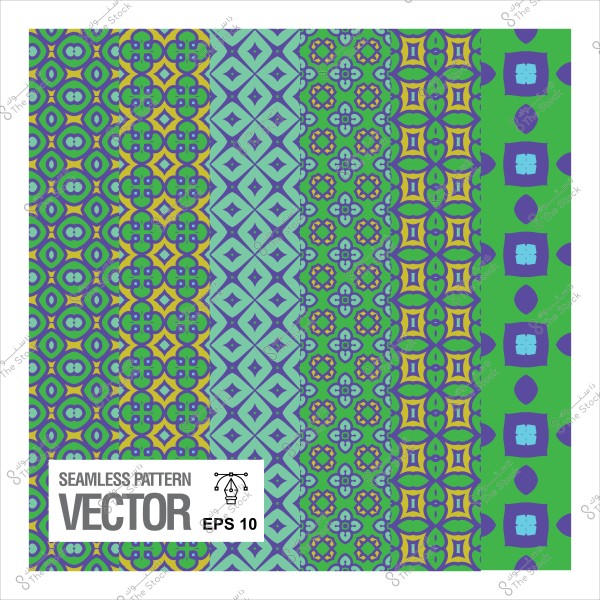 Colorful seamless patterns with various geometric backgrounds in blue, green, and yellow.