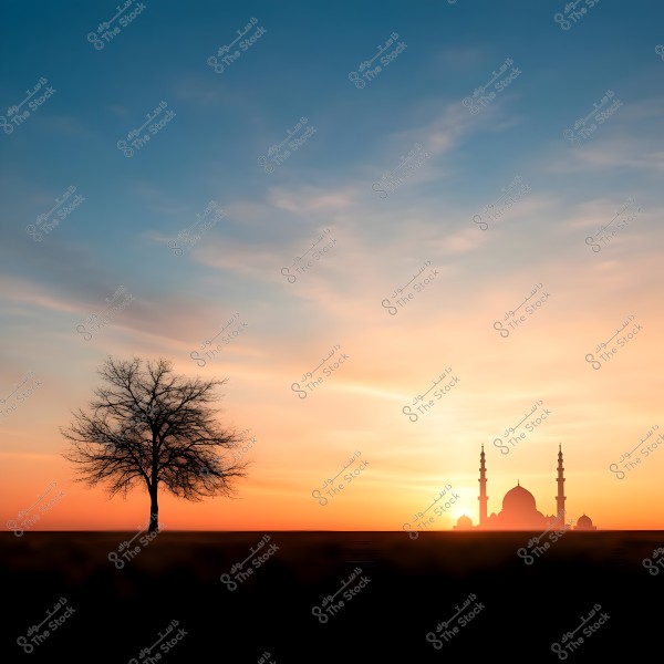 صورة لشجرة وحيدة في جهة اليسار تتوسط مساحة مفتوحة مقابل غروب الشمس. يظهر في الخلفية ظل مسجد بقبتين ومئذنتين. تتدرج الألوان في السماء بين الأزرق والوردي والبرتقالي.