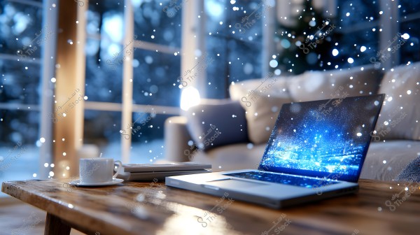 An open laptop on a wooden table in a cozy living room. Snow is falling outside a large window in the background. On the table, there is also a coffee cup and a newspaper, with furniture blurred in the background due to focus effect.
