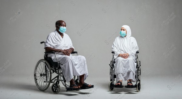 The image shows a man and a woman sitting in wheelchairs inside a studio. They are both wearing white Ihram clothing, which is customary for Hajj or Umrah rituals. The man is in an open Ihram, with his feet visible in sandals, while the woman is wearing a full head-to-toe covering. Both individuals are wearing blue medical masks.