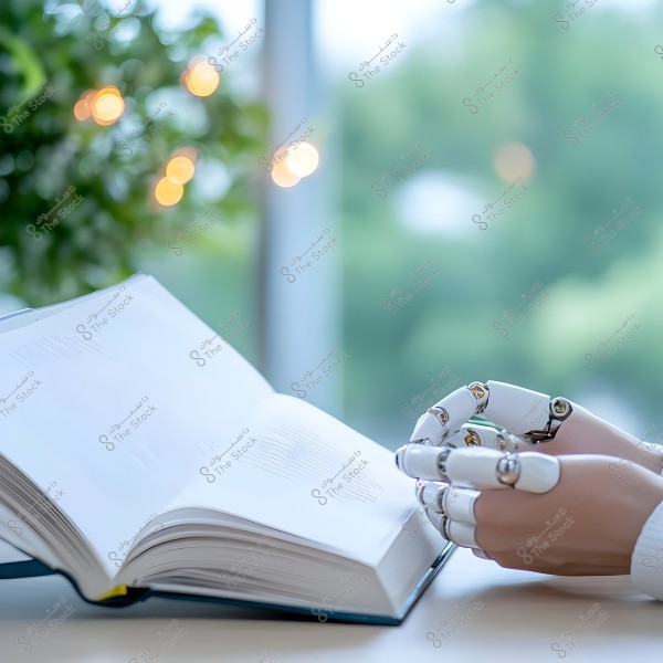 An image showing robotic hands in front of an open book on a table. In the background, there\'s a green plant, and soft-focus lights add a warm ambiance to the scene. The composition conveys a sense of technology and advancement amid a calm setting.