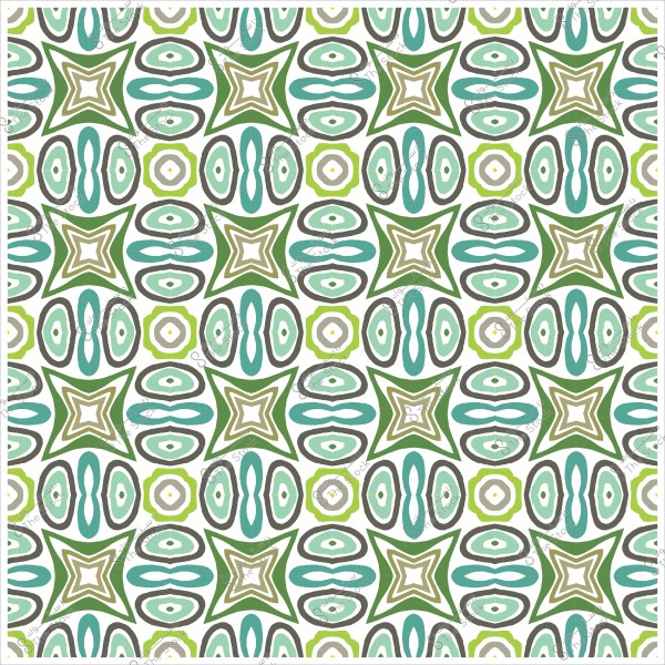 Decorative pattern with green and blue colors on a white background. The design consists of symmetrical geometric shapes repeated uniformly.