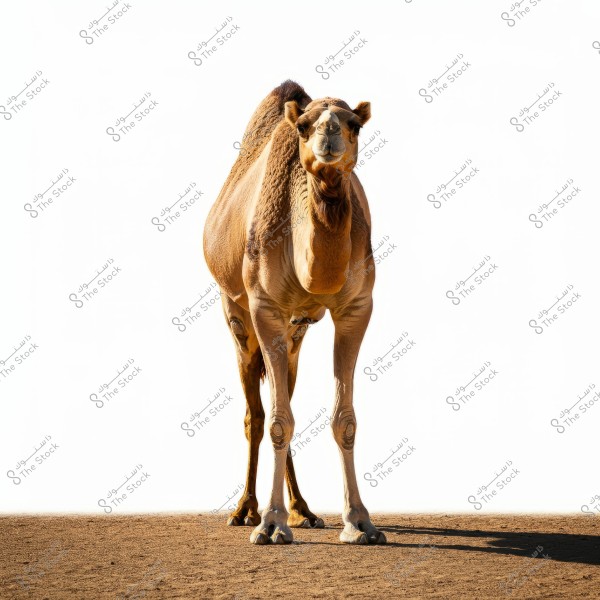 The image shows a camel standing on a sandy ground. The background is white, highlighting the camel\'s body features, including its large hump and light brown fur.
