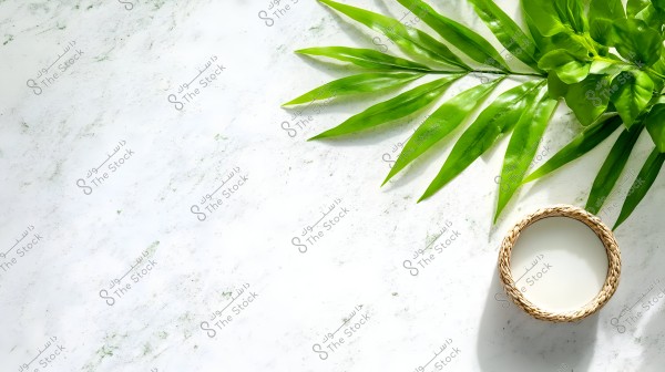 The image shows a white marble background with broad green leaves placed diagonally in the top right corner. A circular woven basket containing white liquid is positioned in the bottom right corner of the image.