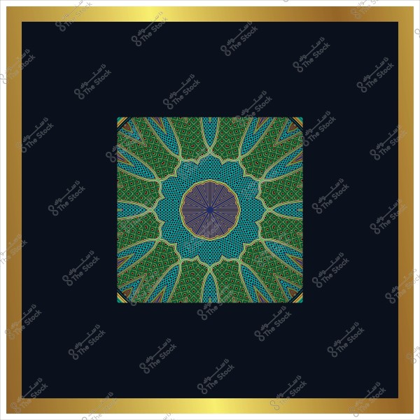 تصميم زخرفي مستوحى من الفن الإسلامي بألوان زرقاء وخضراء ضمن إطار ذهبي مربع.