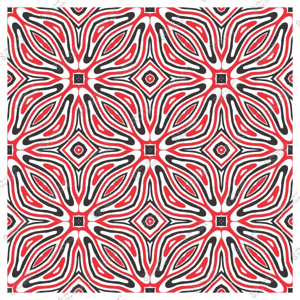 نمط زخرفي متماثل بأشكال متعرجة باللونين الأحمر والأسود بتنسيق متكرر.