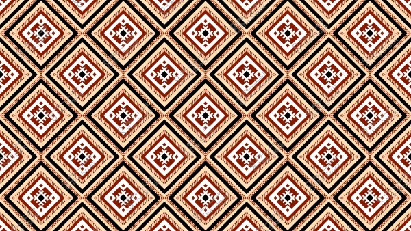 A traditional geometric pattern featuring diamond shapes in brown and white, surrounded by black and beige lines. Each diamond shape contains intricate decorative details resembling internal knobs. The pattern repeats symmetrically across the image.
