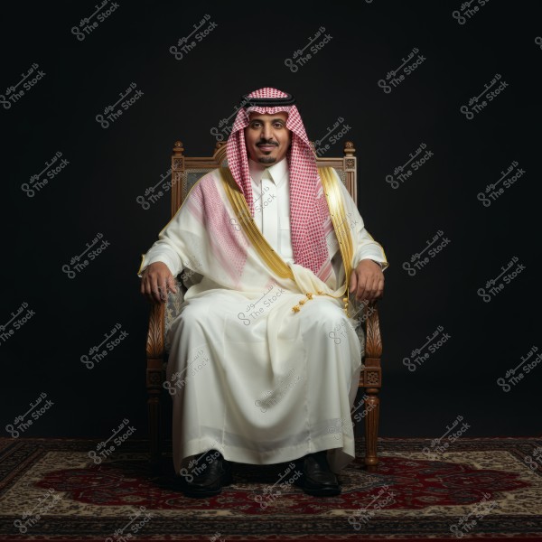 Portrait of a man sitting on an ornate wooden chair, wearing a thobe and a ghutra with an agal, which are traditional Saudi Arabian attire. The background is dark, and a traditional carpet decorates the floor.