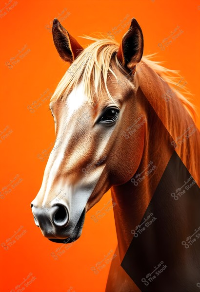 A digital art image of a brown horse\'s head with a blonde mane against a vibrant orange background. The horse has distinct and beautiful features with upright ears and expressive eyes.