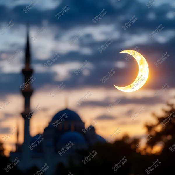 صورة لمشهد غروب, يظهر فيها هلال مضيء في السماء, وفي الخلفية يظهر مسجد كبير مع قبة ومئذنة, مع تدرجات لونية في السماء بين البرتقالي والأزرق الغامق والغيوم المتناثرة.