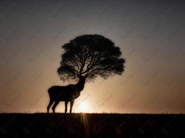 A shot of a deer in the middle of the forest and behind a tree by artificial intelligence, wild animals.