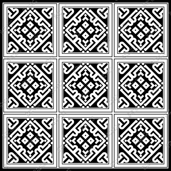 Geometric mosaic design with decorative black and white details in a repeated square pattern.