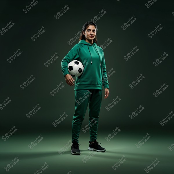 An image of a woman wearing a green tracksuit, standing in a static pose while holding a soccer ball under her arm. The background is dark with focused lighting on the woman, highlighting the details of her athletic outfit. She is wearing black sneakers.