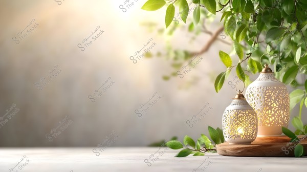 Two decorative lanterns with warm glowing lights placed on a wooden surface, set against a natural background of green leaves. The lighting creates a serene ambiance with soft shadow effects.