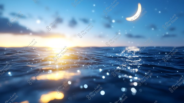A natural scene depicting the ocean surface under the setting sun with sparkling water reflections. The sky is blue with some clouds and a bright crescent moon. There\'s a beautiful contrast between warm and cool colors in the image.