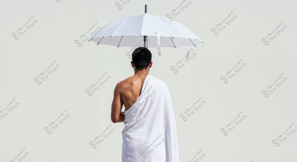 Image of a man standing with his back to the camera, wearing a white ihram wrap, holding a white umbrella. The man appears to be in a context that might be associated with Saudi or Islamic culture. The background is plain white.