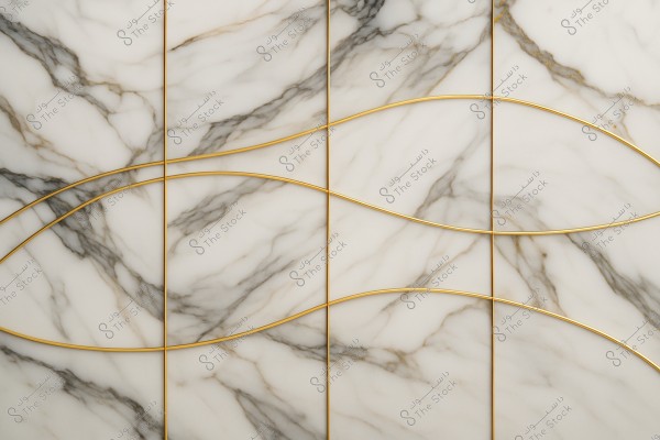 Geometric design on a white marble surface with gray veins, divided by gracefully curved golden lines arranged symmetrically within the tiles.
