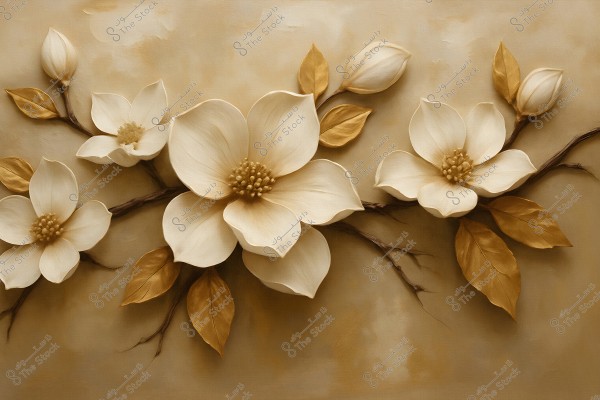 The image depicts an artistic painting of large white flowers with multiple petals on thin brown branches. The flowers are surrounded by gold-colored leaves and a dark beige background, giving the artwork a warm and elegant feel.