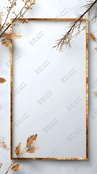 A rectangular golden frame on a textured white background. The frame is adorned with elegant golden branches and leaves decorating the corners and the top of the image, adding a simple aesthetic touch.
