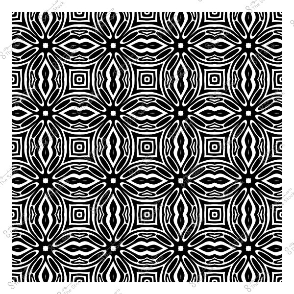 نمط هندسي أبيض وأسود مكون من أشكال مشرقة ومربعات متداخلة.