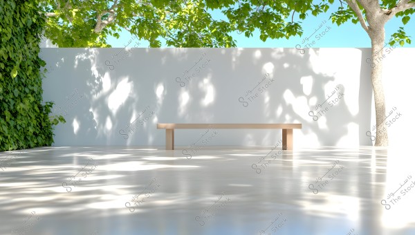 An image of a minimalist garden featuring a long white wall in the background. On the left side, vibrant green climbing plants are visible. A simple wooden bench is positioned at the center of the courtyard, surrounded by green trees casting their shadows on the reflective white floor.