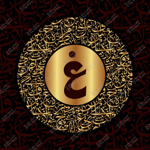 صورة لرقعة دائرية ذهبية تتوسطها الحرف العربي "غ", محاطة بخلفية مكونة من خطوط عربية منمقة باللون الذهبي على سطح داكن. الخطوط المحيطة بالحرف تضفي على الصورة طابعًا فنيًا وزخرفيًا.

-