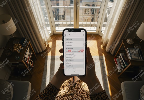 The image depicts a person sitting on a sofa, wearing leopard print clothing and holding a smartphone displaying a to-do list on the screen. In the background, there is a large window leading to a balcony and outdoor view, with a wooden floor and a side table containing books and decorations.
