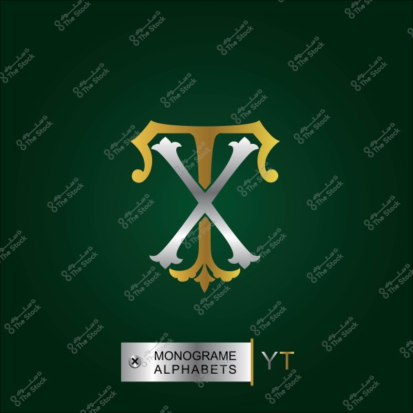 شعار يحتوي على الحرف "T" بأسلوب مونوغرام ذهبي وفضي على خلفية خضراء داكنة.