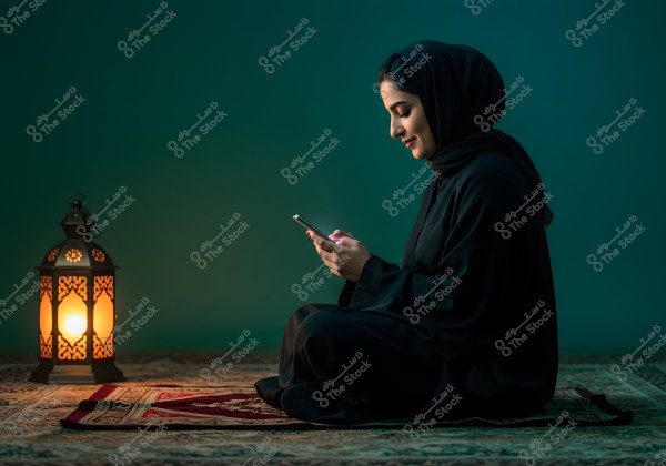 An image of a woman sitting on a prayer rug in a dimly lit room. She is wearing a black abaya and hijab, looking at a mobile phone in her hand. A lit lantern is beside her, creating a peaceful and warm ambiance.