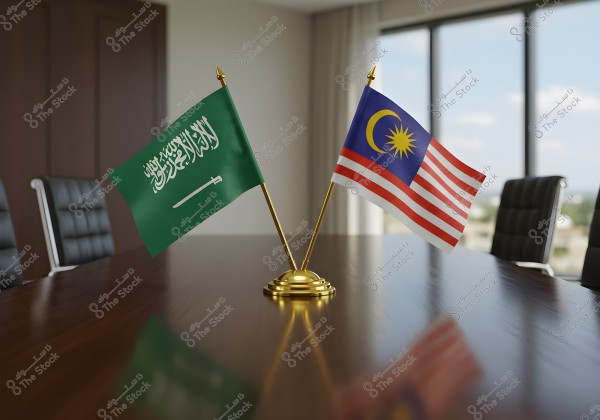 The image shows two small crossed flags on a brown wooden conference table. The first flag is green with the Islamic declaration of faith and a white sword, representing Saudi Arabia. The second flag features red and white stripes with a yellow crescent and a sun inside a blue canton, representing Malaysia. In the background, there are black office chairs and part of a glass window overlooking an outdoor view.