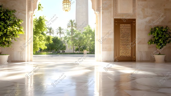 A view from inside a mosque featuring a polished marble floor and intricately decorated ceiling, with sunlight streaming through an open entrance. Outside, lush greenery and palm trees can be seen, with a tall tower in the background.