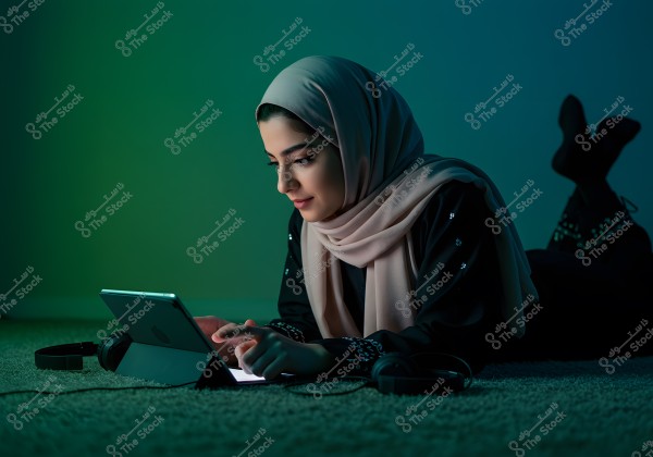 The image shows a woman lying on a carpet, wearing a light-colored hijab and dark decorated clothing. She is holding a tablet, with headphones next to her. The dim lighting creates a calm and warm atmosphere.