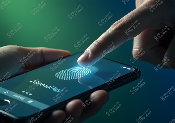 A person presses their finger on a smartphone screen to unlock the \"Alinma Pay\" app using fingerprint technology. A blue light surrounds the fingerprint on the screen, indicating a response to touch. The background lighting is dim and varies between shades of green and blue.