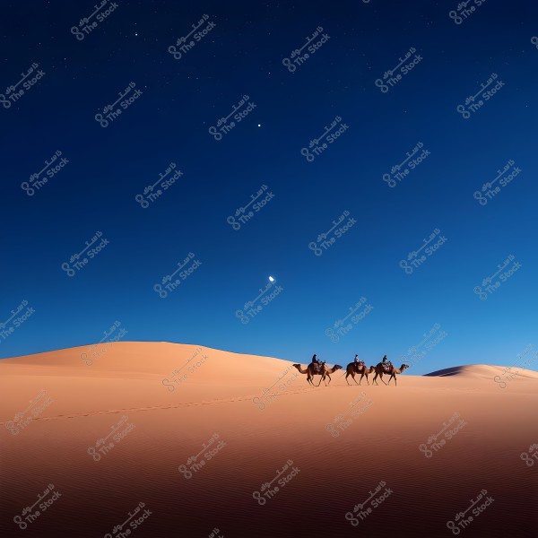 A group of three camels carrying people walking across sand dunes in the desert at night. The sky is a deep blue with a moon and a scattering of bright stars above the scene.